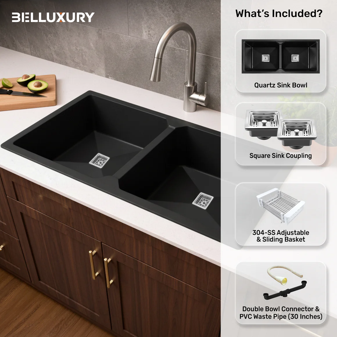 Belluxury™ NoirX Quartz Luxe Double Bowl Sink – Obsidian Black Edition (37 x 18 x 10 Inches)