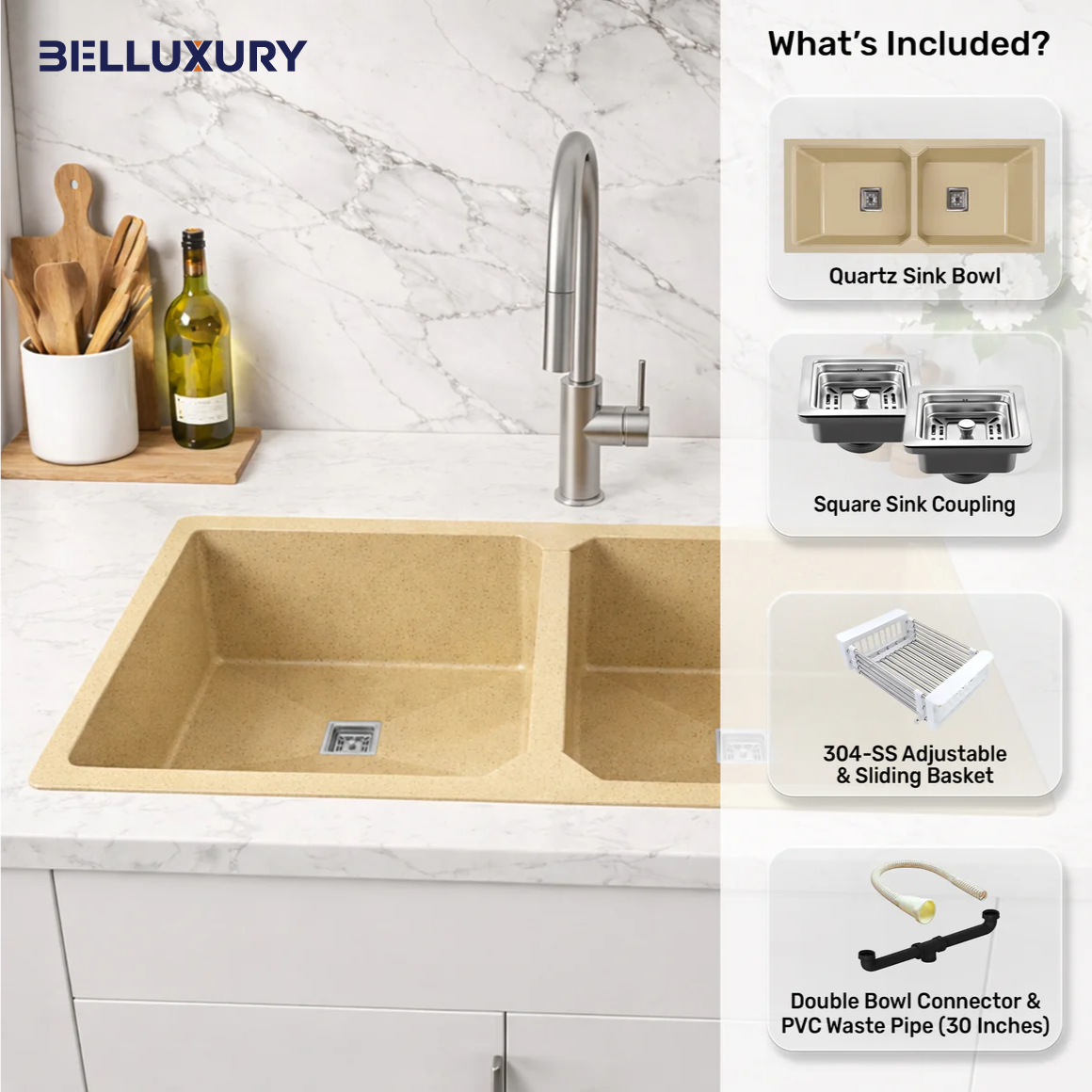 Belluxury™ Ivorya Sandstone Quartz Luxe Double Bowl Sink – Royal Beige Edition (45 x 20 x 10 Inches)