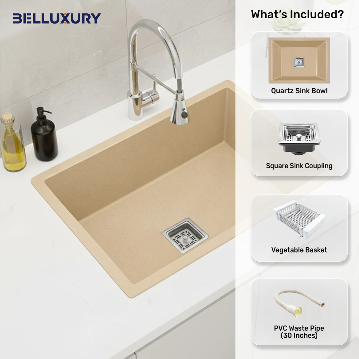 Belluxury™ Ivorya Elite Quartz Luxe Single Bowl Sink – Sandstone Beige Edition (24 x 18 x 10 Inches)