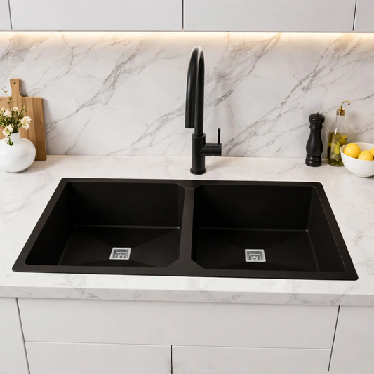 Belluxury Obsidian Elite Quartz Double Bowl Sink (45” x 20” x 10”)
