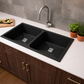 Belluxury™ NoirX Quartz Luxe Double Bowl Sink – Obsidian Black Edition (37 x 18 x 10 Inches)
