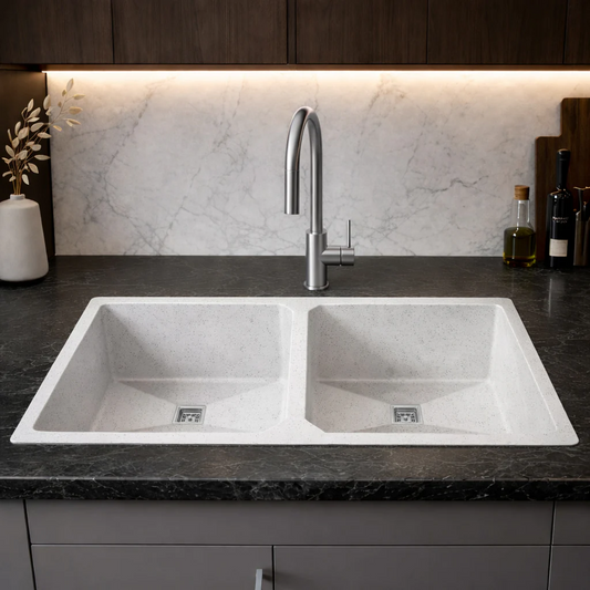 Belluxury™ Celestia Dotted Quartz Luxe Double Bowl Sink – StoneCraft Finish (45 x 20 x 10 Inches)