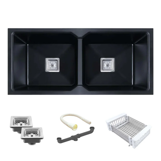 Belluxury Obsidian Elite Quartz Double Bowl Sink (45” x 20” x 10”)