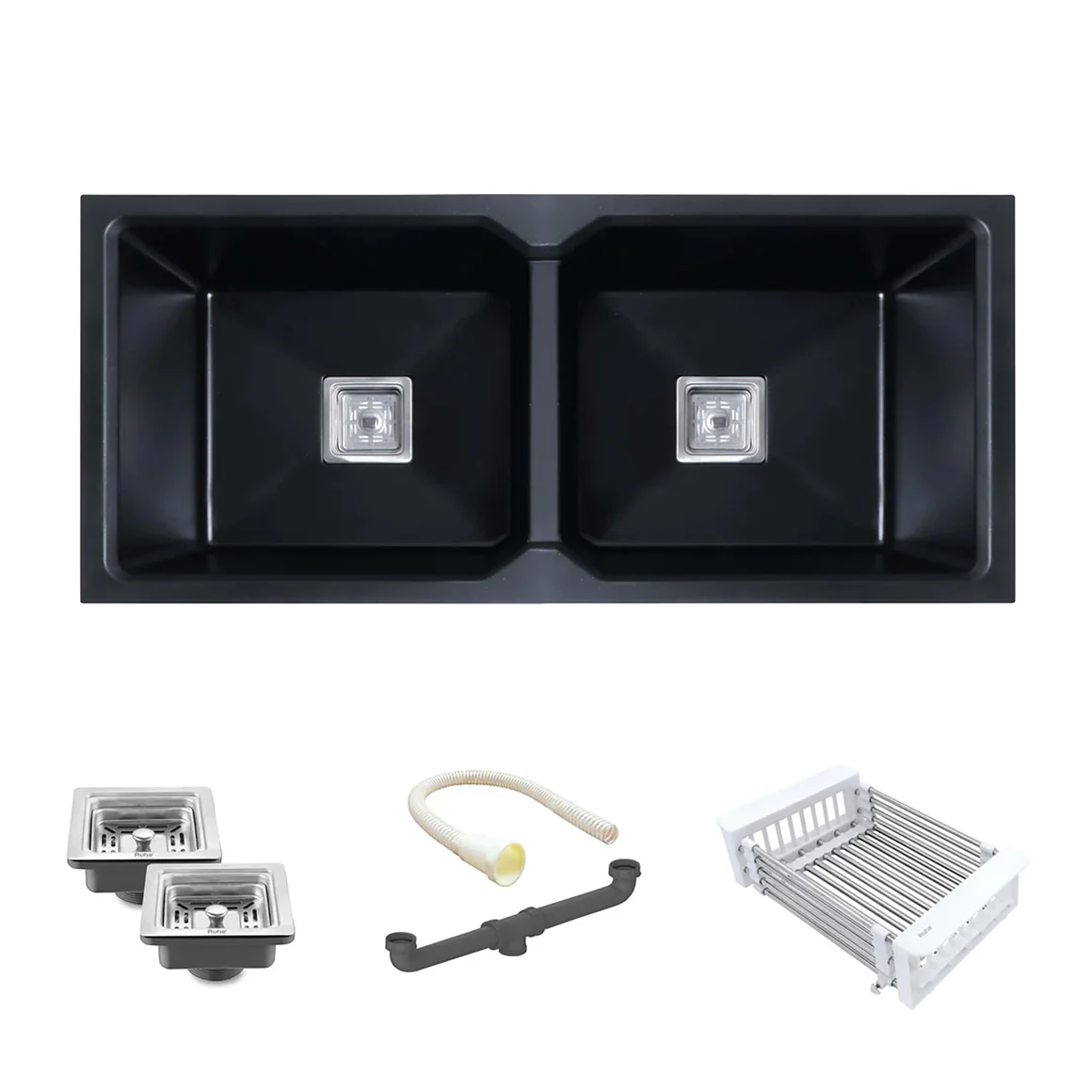 Belluxury™ NoirX Quartz Luxe Double Bowl Sink – Obsidian Black Edition (37 x 18 x 10 Inches)