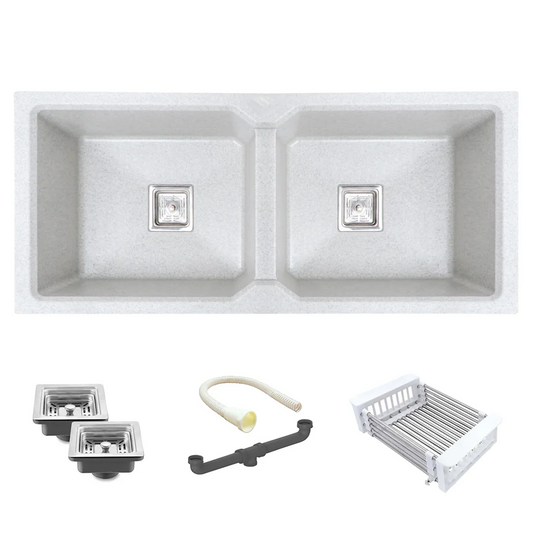 Belluxury™ Celestia Dotted Quartz Luxe Double Bowl Sink – StoneCraft Finish (45 x 20 x 10 Inches)