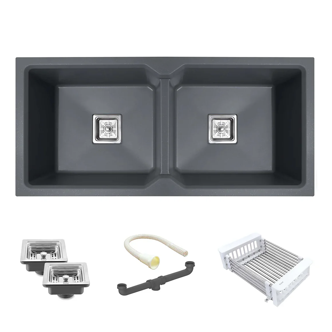 Belluxury™ TitanGrey Quartz Luxe Double Bowl Sink – Urban Stone Finish (45 x 20 x 10 Inches)