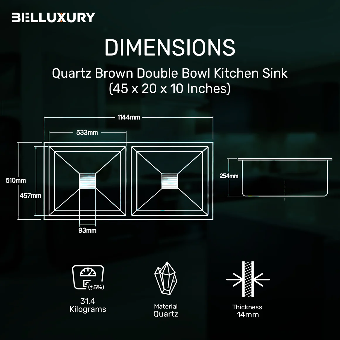 Belluxury™ Aurelia Quartz Luxe Double Bowl Kitchen Sink – Mocha Stone Finish (45 x 20 x 10 Inches)
