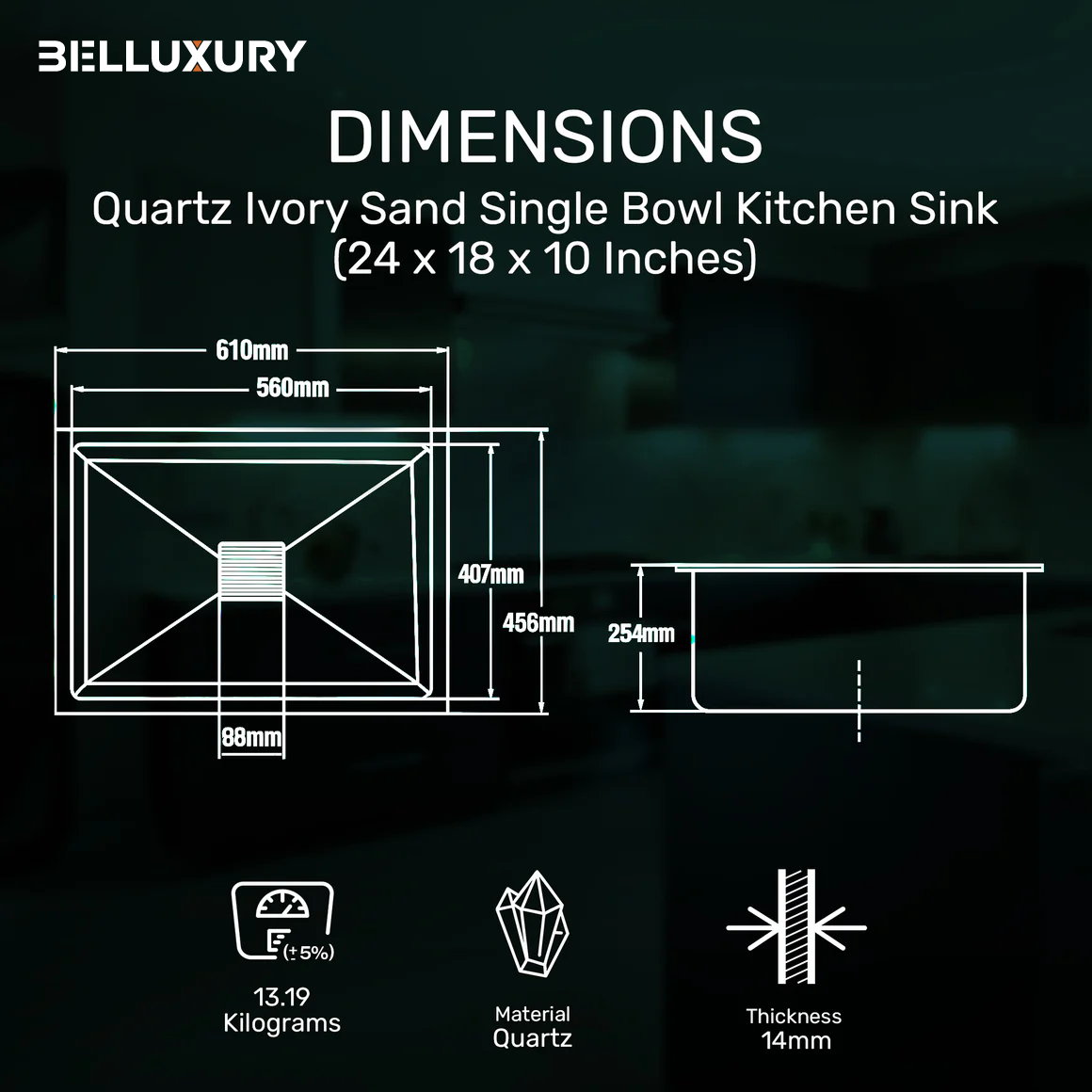 Belluxury™ Ivorya Elite Quartz Luxe Single Bowl Sink – Sandstone Beige Edition (24 x 18 x 10 Inches)