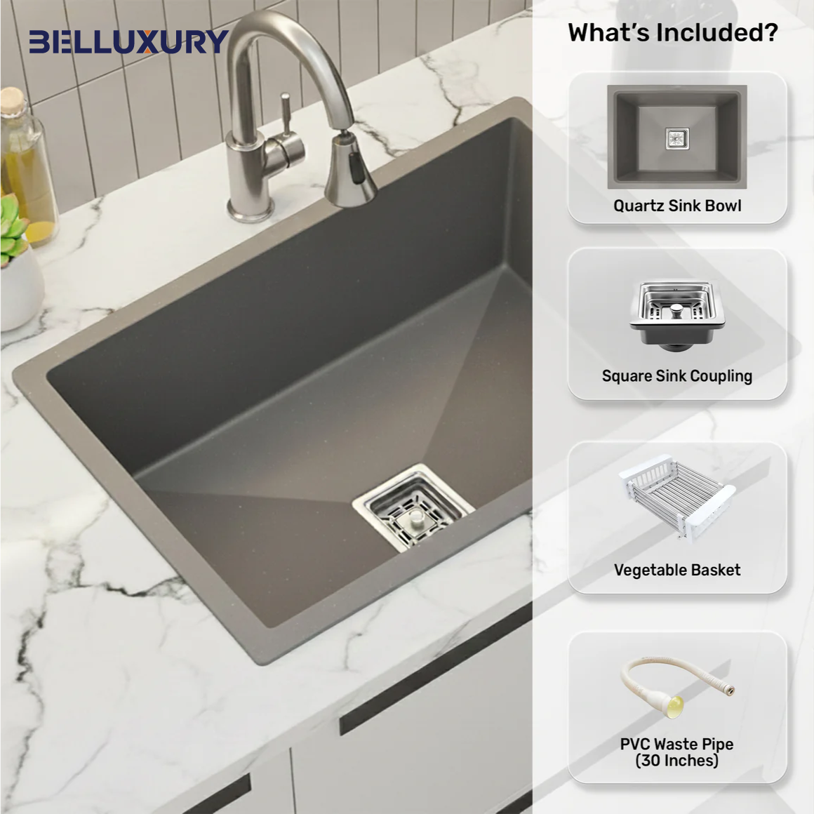 Belluxury™ AeroGrey Quartz Luxe Single Bowl Sink – Urban Minimal Series (24 x 18 x 10 Inches)