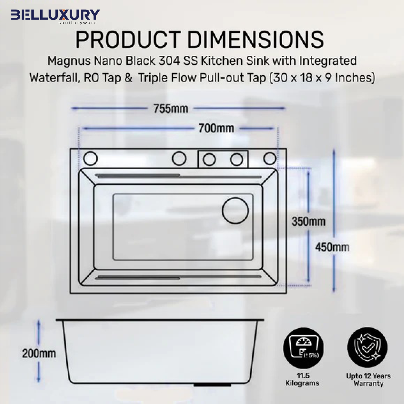 Belluxury AquaVault™ Elite – Smart Modular 304 Stainless Steel Kitchen Sink with Waterfall System, Pull-Out Faucet & Integrated RO Tap (30×18×9)