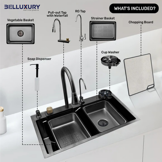 Belluxury AquaVault™ Elite – Smart Modular 304 Stainless Steel Kitchen Sink with Waterfall System, Pull-Out Faucet & Integrated RO Tap (30×18×9)