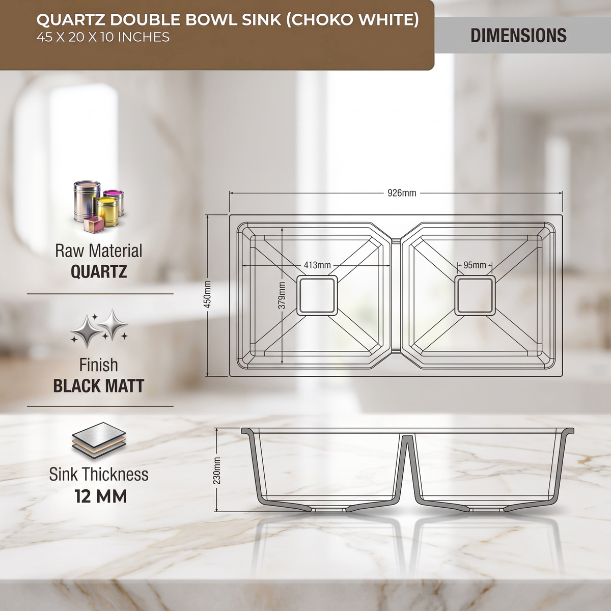 Belluxury™ Ivorya Sandstone Quartz Luxe Double Bowl Sink – Royal Beige Edition (45 x 20 x 10 Inches)
