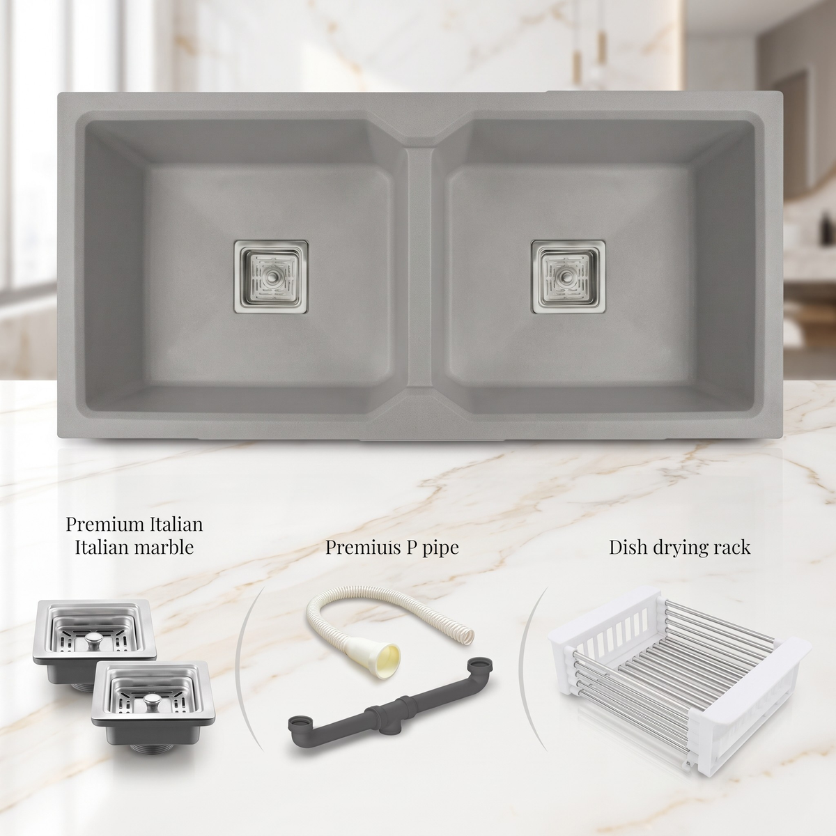 Belluxury™ Ivorya Sandstone Quartz Luxe Double Bowl Sink – Royal Beige Edition (45 x 20 x 10 Inches)