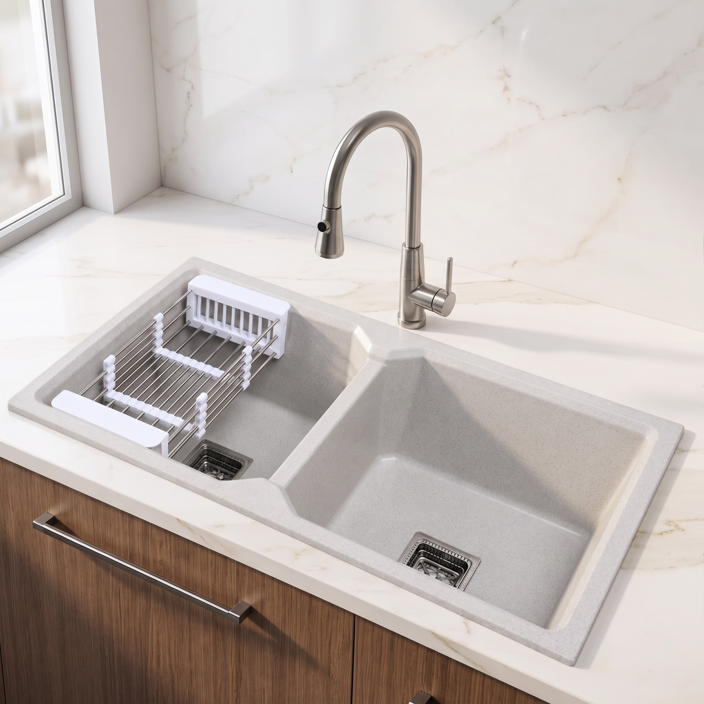 Belluxury™ Celestia Dotted Quartz Luxe Double Bowl Sink – StoneCraft Finish (45 x 20 x 10 Inches)