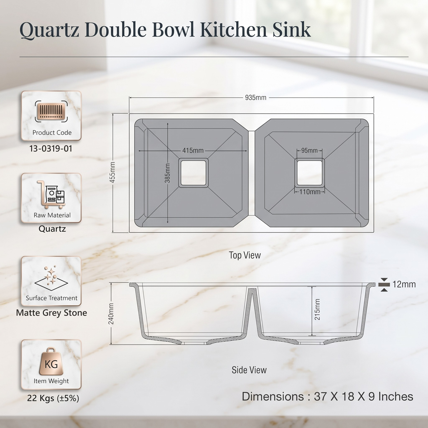 Belluxury™ Celestia Dotted Quartz Luxe Double Bowl Sink – StoneCraft Finish (45 x 20 x 10 Inches)