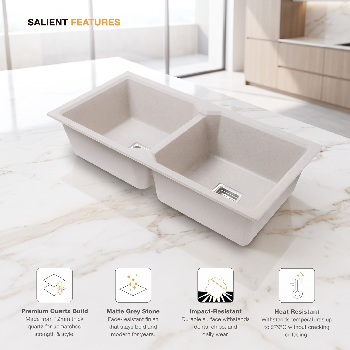 Belluxury™ Celestia Dotted Quartz Luxe Double Bowl Sink – StoneCraft Finish (45 x 20 x 10 Inches)