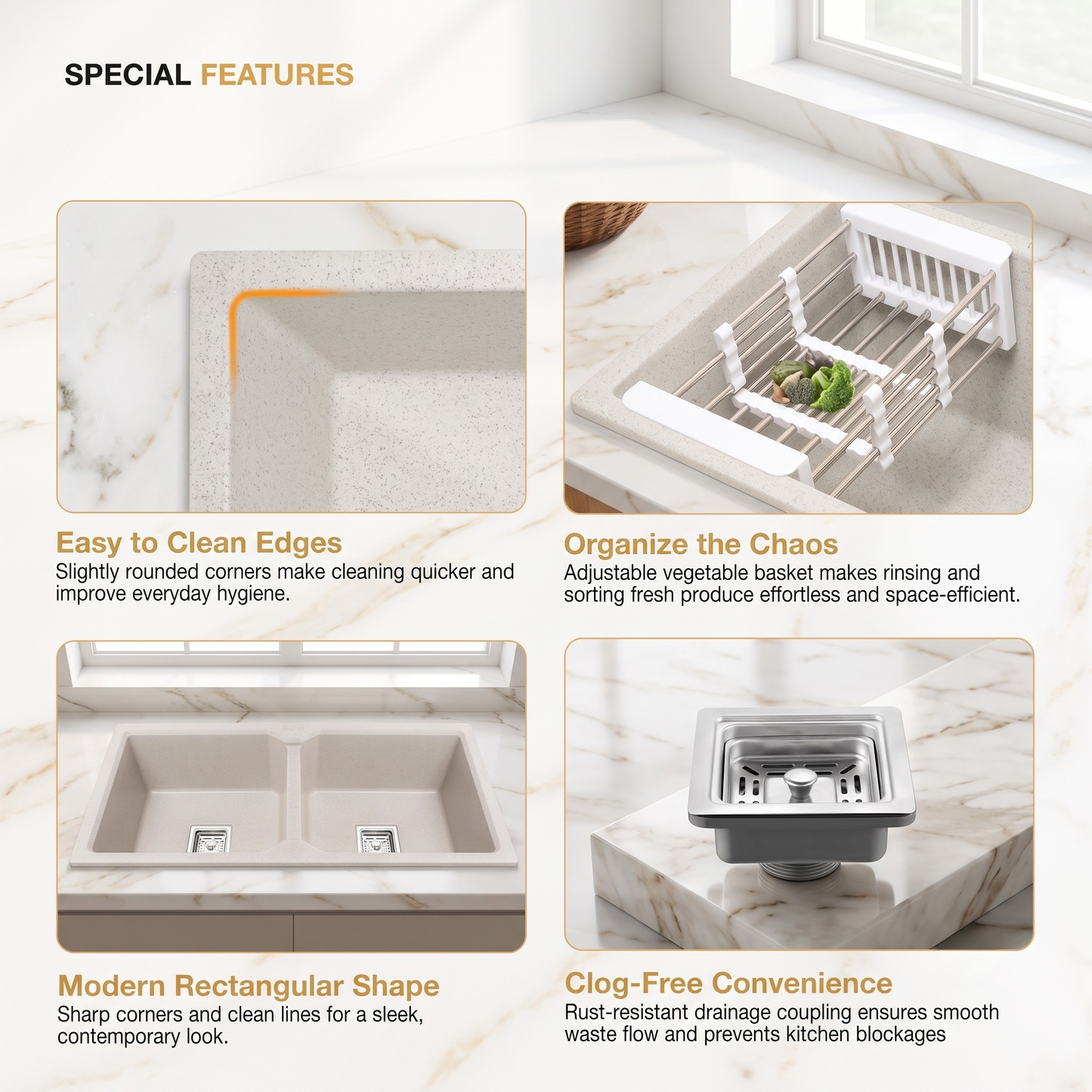 Belluxury™ Celestia Dotted Quartz Luxe Double Bowl Sink – StoneCraft Finish (45 x 20 x 10 Inches)