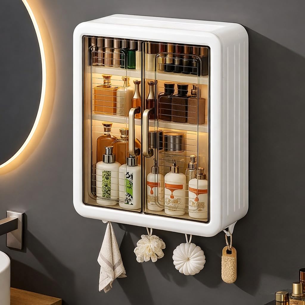 Belluxury®  Bathroom Organiser Without Drill Plastic Wall Mounted Storage Cabinet for Kitchen and Bathroom