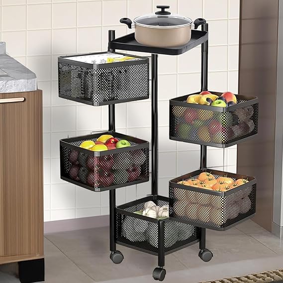 Belluxury Storage Rack | Layer Revolving Vegetable Kitchen Rack | Square Multipurpose Storage Trolley with Wheels | Metal Fruit Storage Rack | Kitchen Cabinet Spice Rack | Black