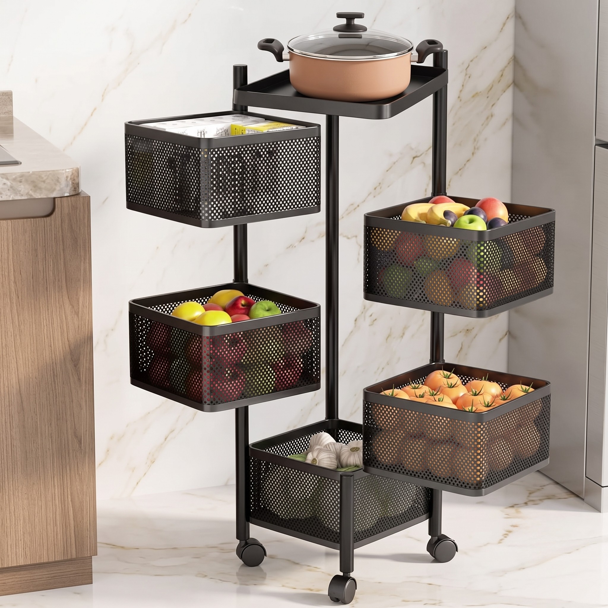 Belluxury Storage Rack | Layer Revolving Vegetable Kitchen Rack | Square Multipurpose Storage Trolley with Wheels | Metal Fruit Storage Rack | Kitchen Cabinet Spice Rack | Black