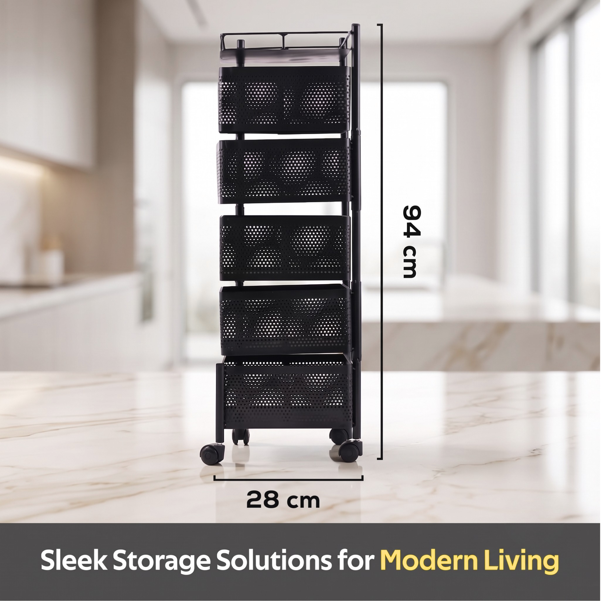 Belluxury Storage Rack | Layer Revolving Vegetable Kitchen Rack | Square Multipurpose Storage Trolley with Wheels | Metal Fruit Storage Rack | Kitchen Cabinet Spice Rack | Black