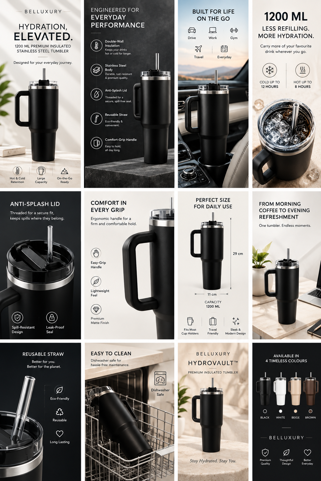 Belluxury HydroVault™ 1200 ML Insulated Stainless Steel Tumbler with Handle & Straw
