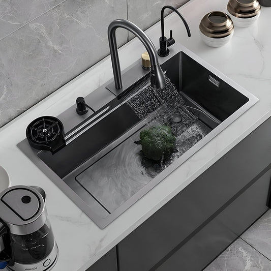 Belluxury AquaVault™ Elite – Smart Modular 304 Stainless Steel Kitchen Sink with Waterfall System, Pull-Out Faucet & Integrated RO Tap (30×18×9)