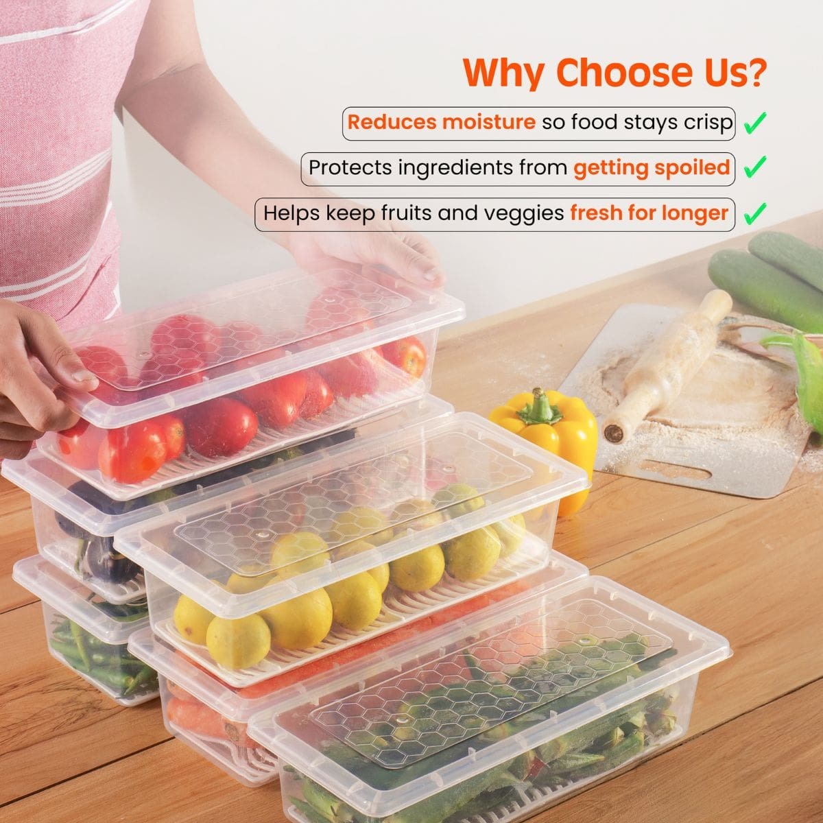 Fridge Storage Container with Drain Tray | BPA-Free Food Storage Organizer | Stackable Refrigerator Storage Box
