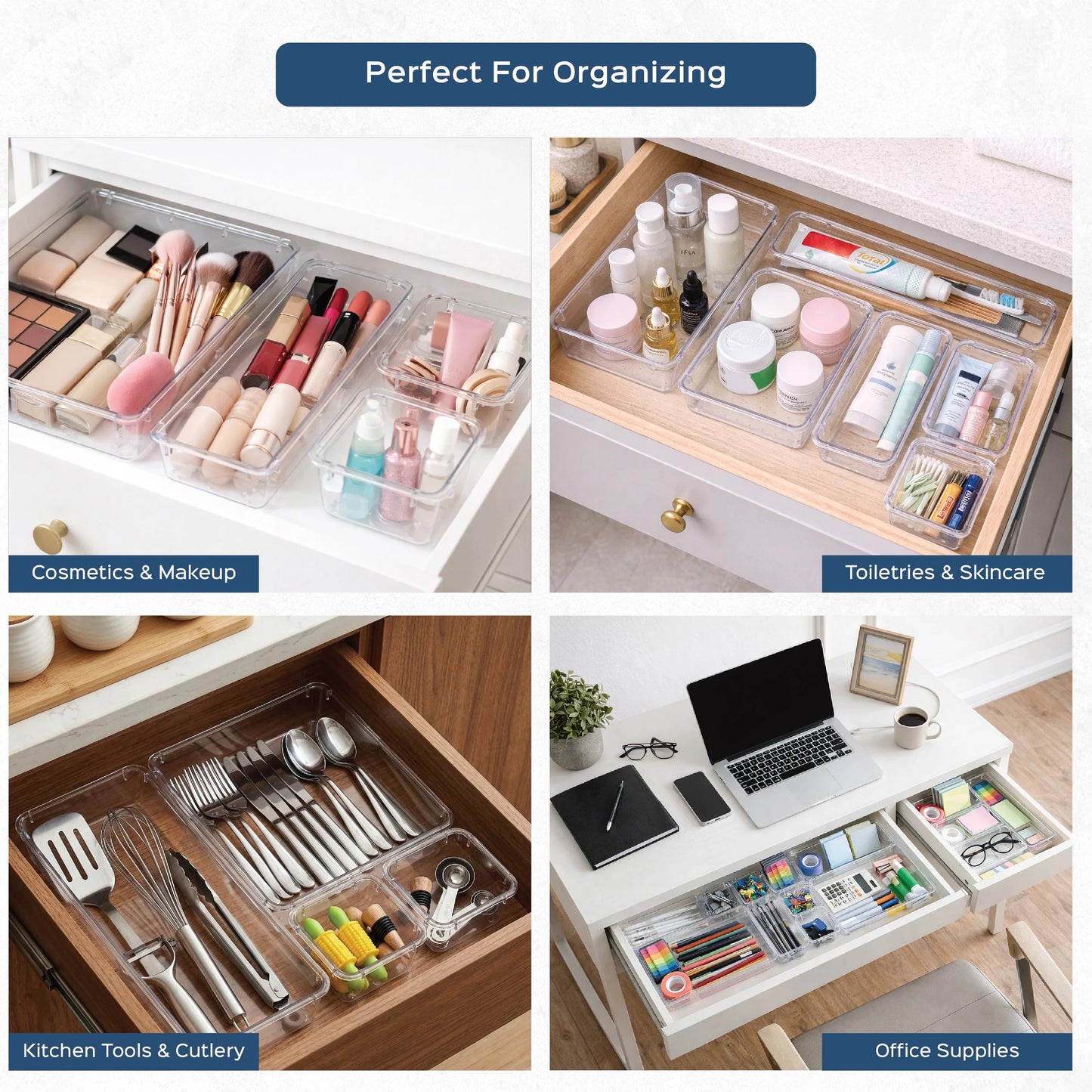 Premium Crystal Clear Acrylic Drawer Organizer Set – 20 Piece Modular Storage Trays for Makeup, Kitchen, Office & Bathroom