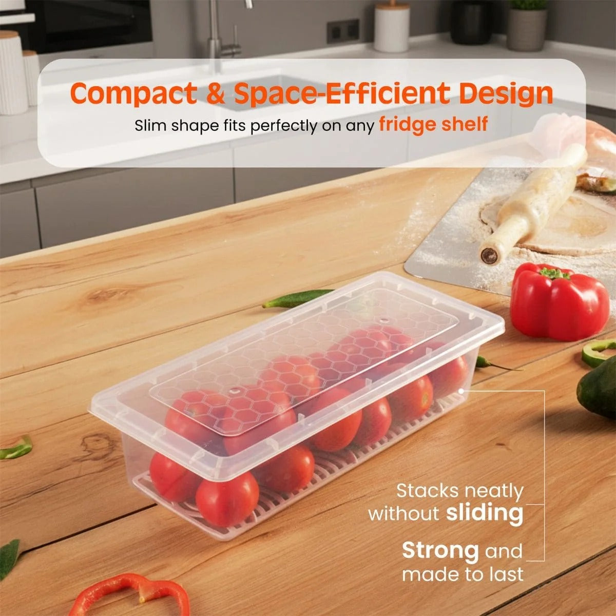 Fridge Storage Container with Drain Tray | BPA-Free Food Storage Organizer | Stackable Refrigerator Storage Box